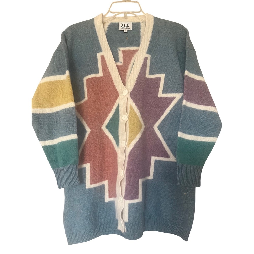 Oui Designer Collection Aztec Cardigan Sweater Colorful Lambswool Angora size M